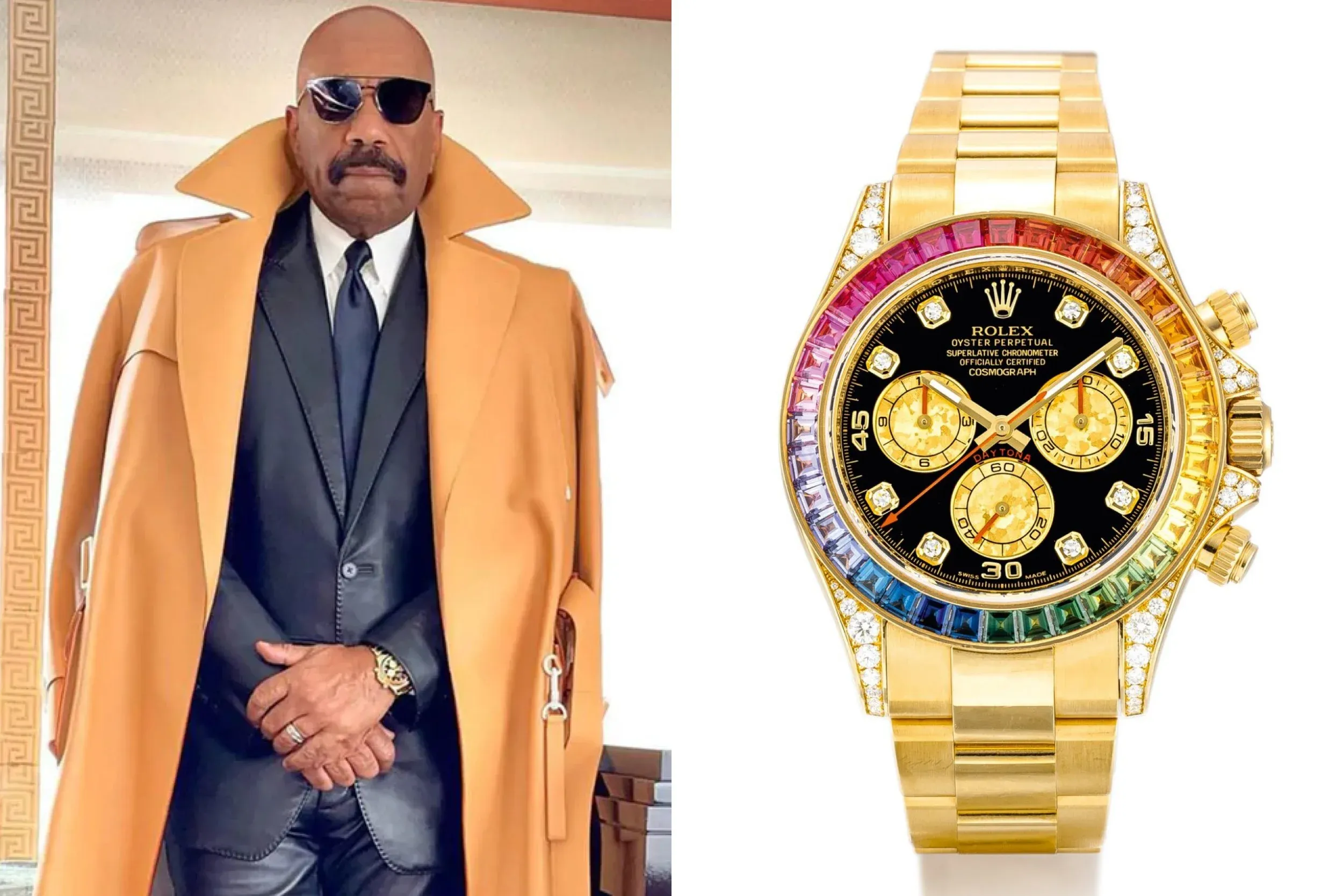 Steve Harvey mit Rolex Daytona Rainbow in Gelbgold