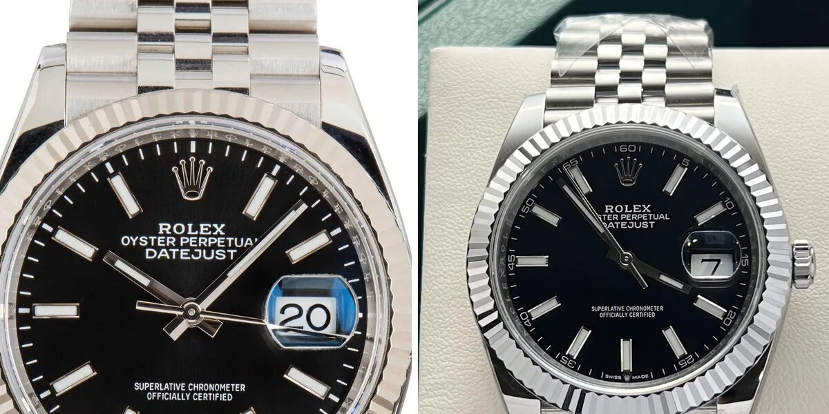 Vergleich der Zyklop-Lupe einer Rolex Datejust: 2,5-fache Vergrößerung beim Original versus reduzierte Vergrößerung bei der Replica