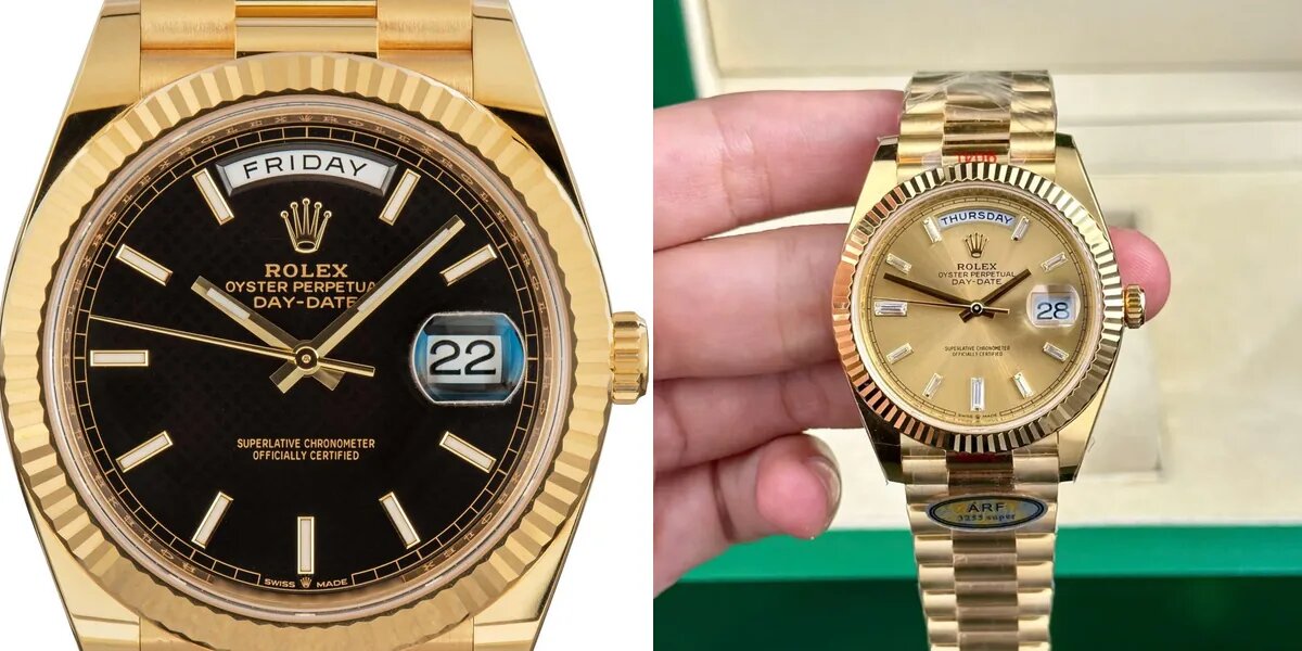 Vergleich einer echten Rolex Day-Date aus 18 Karat Gold mit einer vergoldeten Replica: Farbton- und Verarbeitungsunterschiede am President-Armband