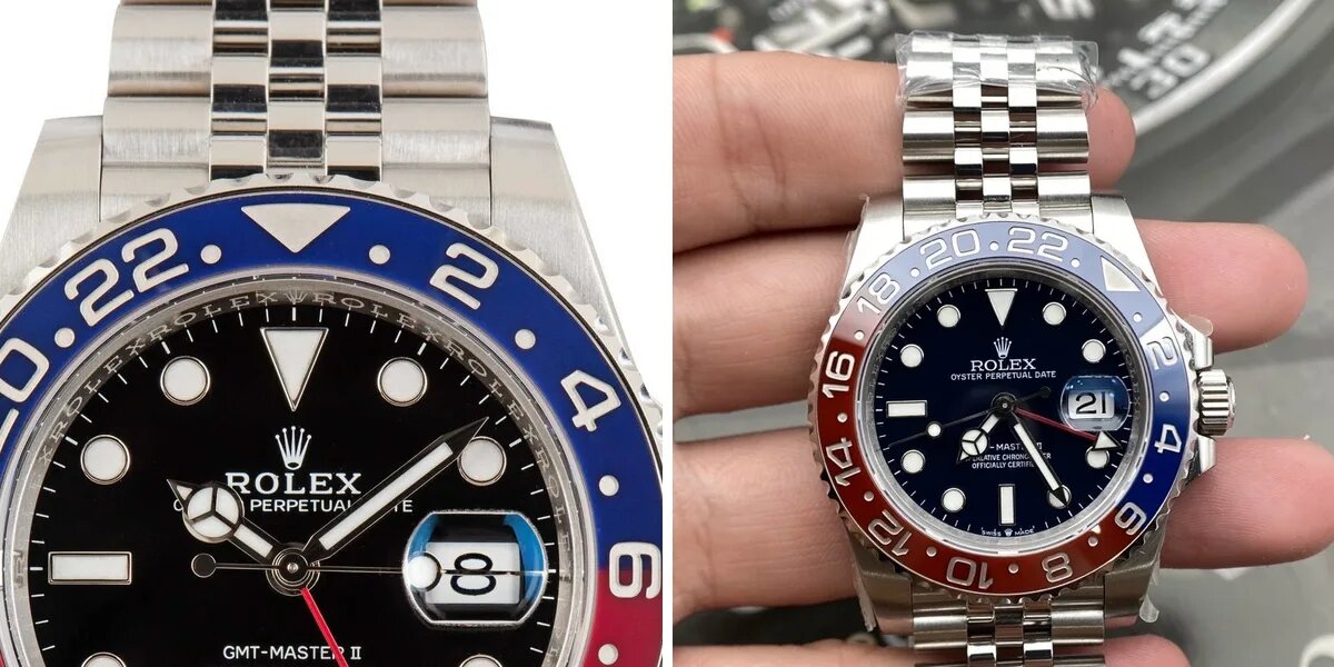 Farbvergleich der Rolex GMT-Master II Pepsi-Lünette zwischen Original und Replica mit Fokus auf den Farbübergang
