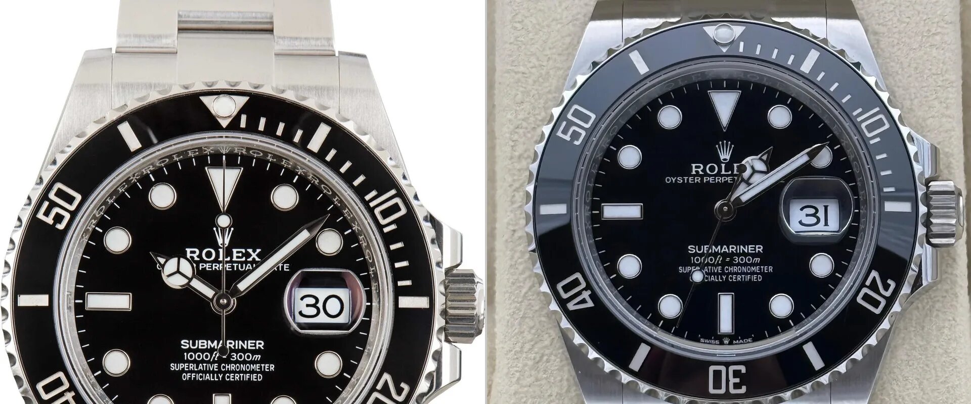 Seite-an-Seite-Vergleich einer echten Rolex Submariner und einer Super Clone Replica unter identischer Beleuchtung