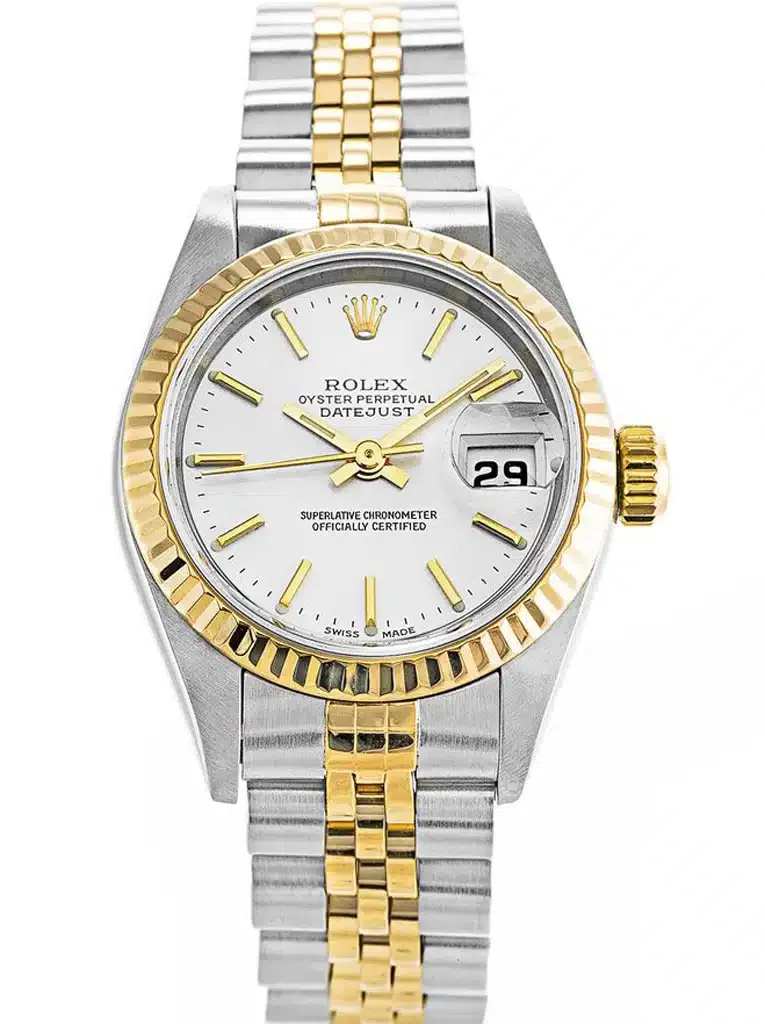 Datejust 79173 1:1 Replica Zifferblatt in weiß mit stab-indizes in gelbgold-ton, Vorderansicht