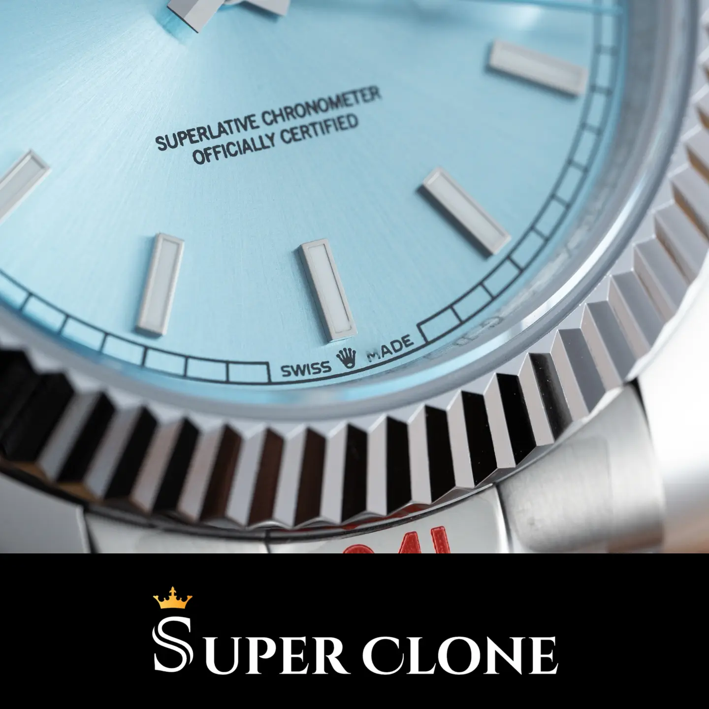 Eisblaues Sonnenschliff-Zifferblatt der Rolex Day-Date 128206 mit Stab-Indizes