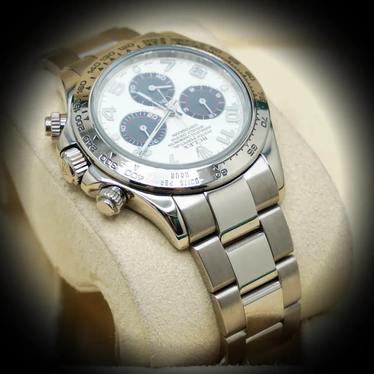 Rolex Daytona 116509 Schweizer Replica Zifferblatt in silber — Lünette-Makro