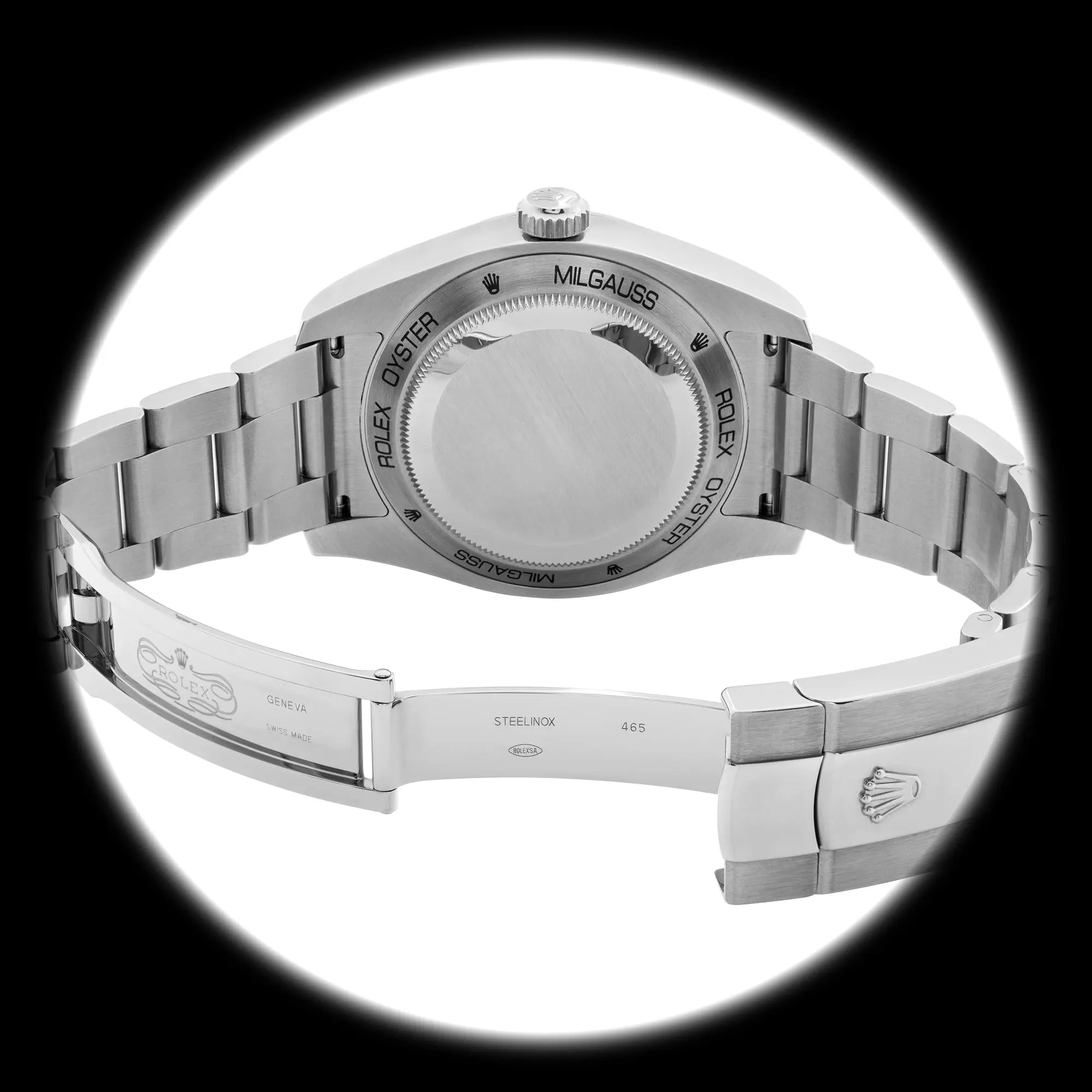 Milgauss 116400GV Schweizer Klon Zifferblatt in blau — Gehäusebodendetail