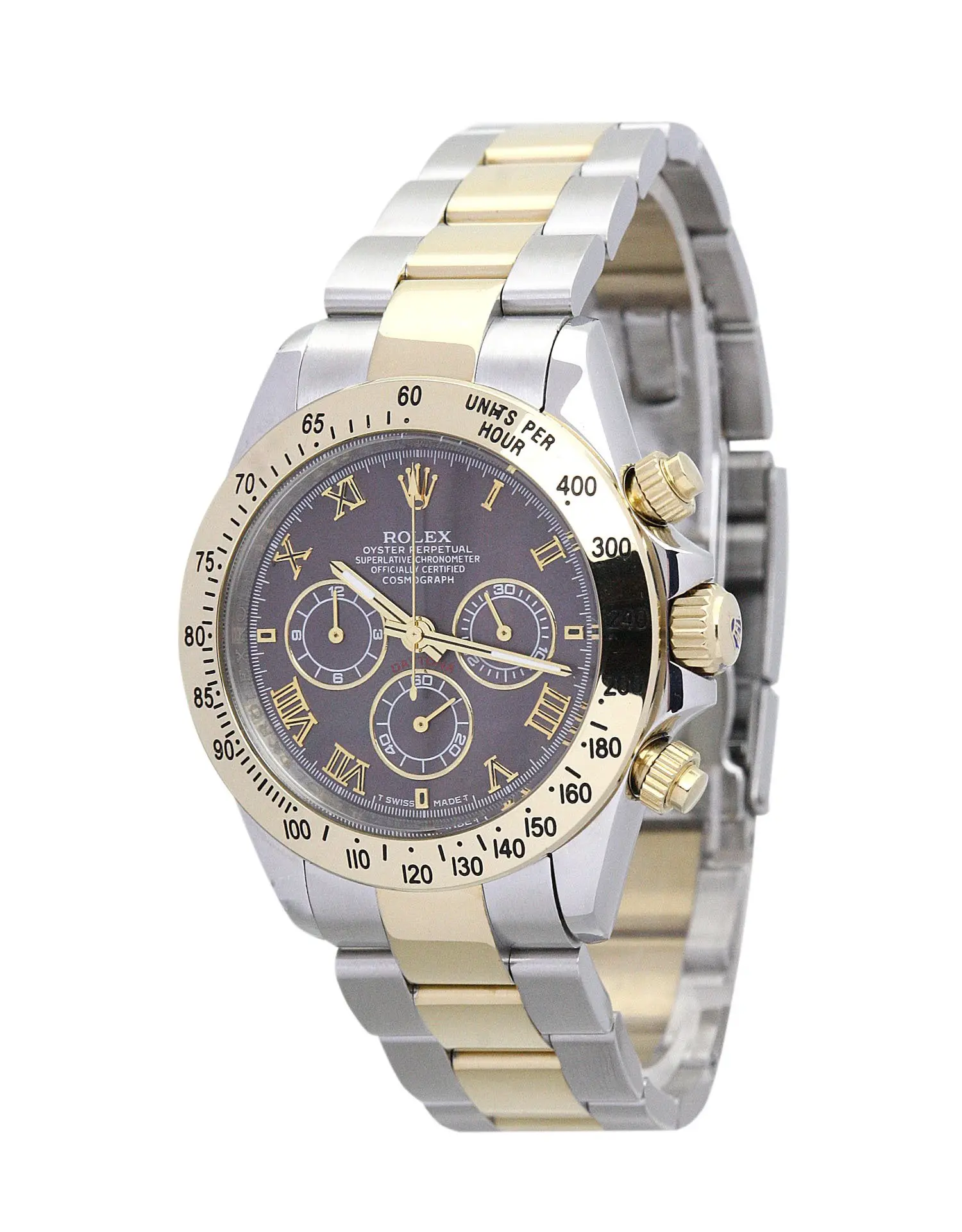 Rolex Daytona 1:1 Klon 116523, Schrägansicht des Bicolor-Gehäuses mit dunkelbraunem Zifferblatt