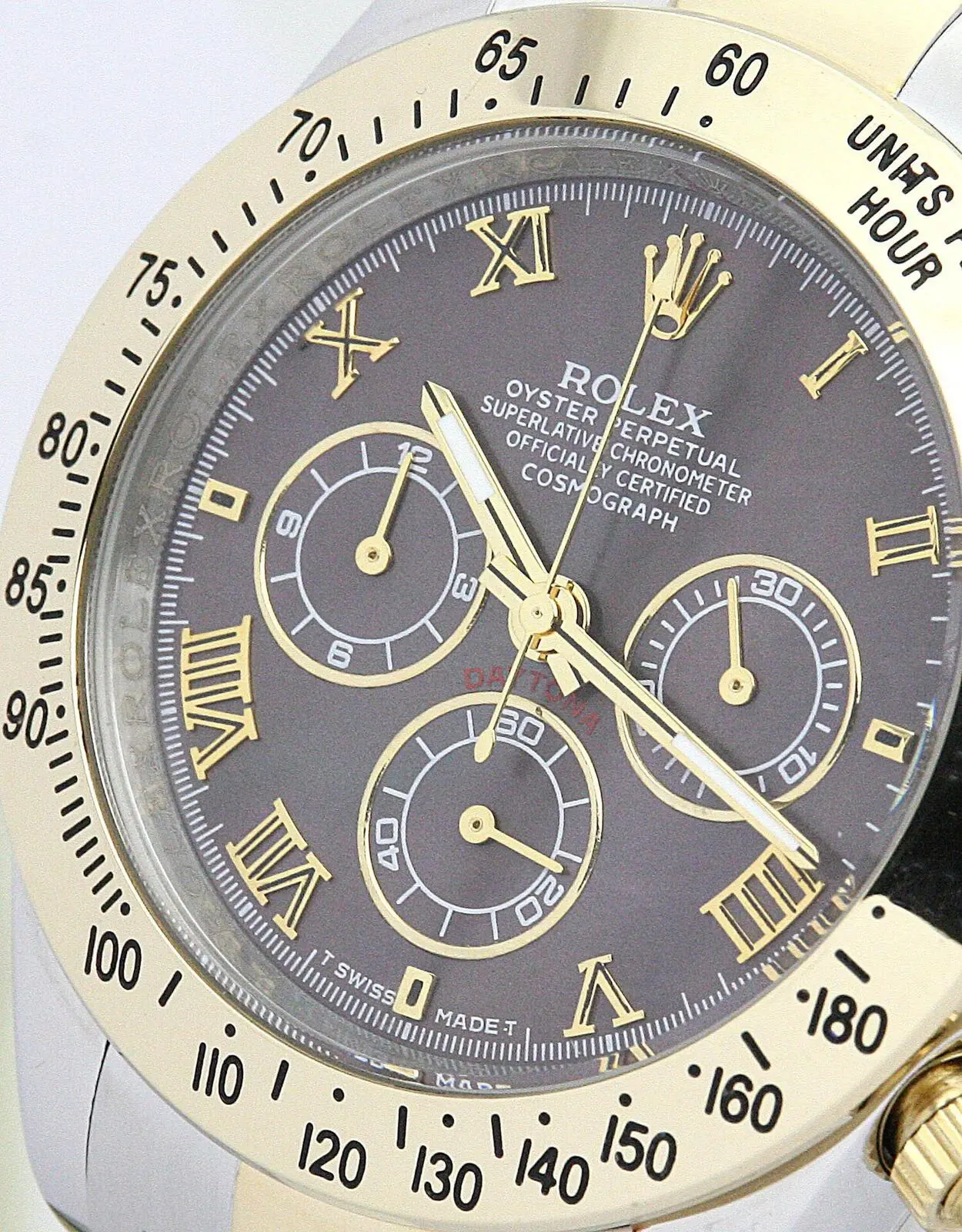 Rolex Daytona Klon 116523, Zifferblatt-Makro mit römischen Indizes und silbernen Hilfszifferblättern