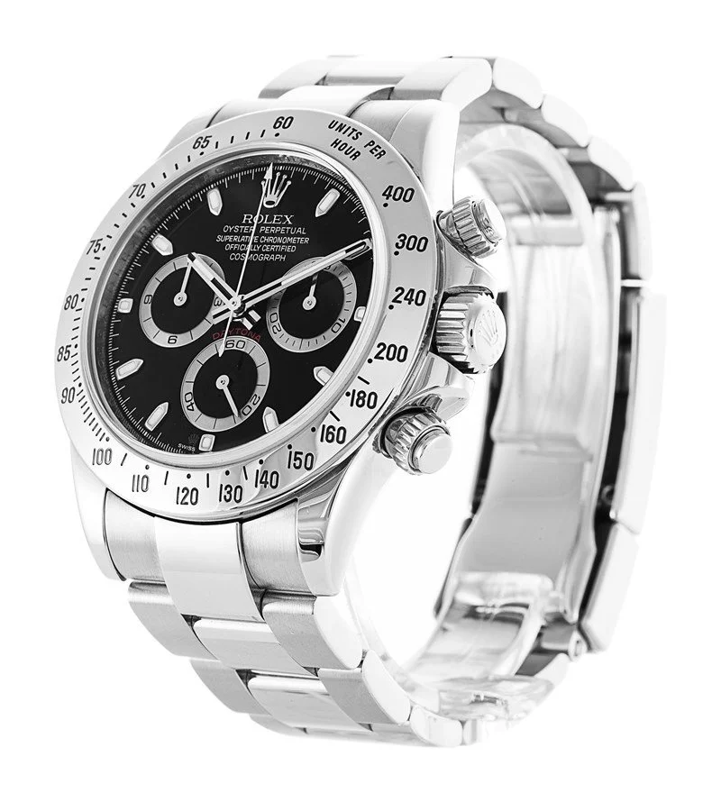 Rolex Daytona Super Clone 116520, gravierte Stahl-Tachymeterlünette im Detail