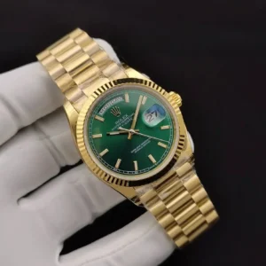 Rolex Day-Datum 128238 36mm Gruen Zifferblatt Gelb Gold Praesidentenuhr - Zifferblatt Nahaufnahme